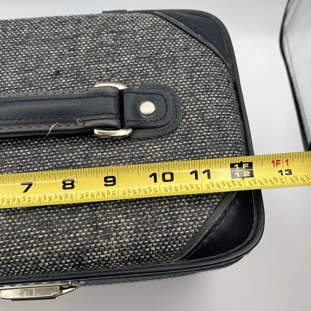 Blue Tweed Cloth Vanity Train Travel Case Inside Tray Pop-up Mirror